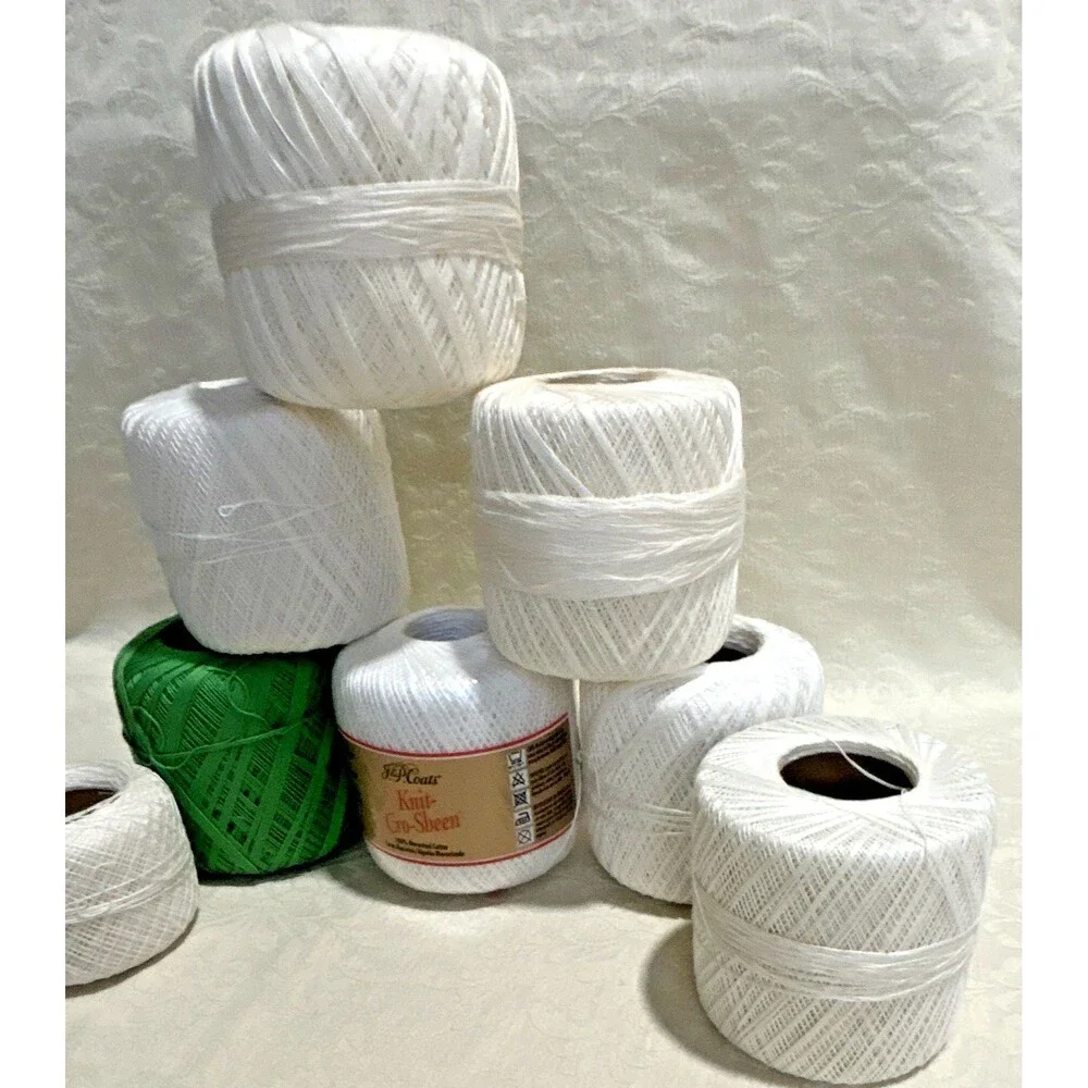 J&P Coats Knit-Cro-Sheen Mercerized Cotton Crochet Thread Craft Lot White Green